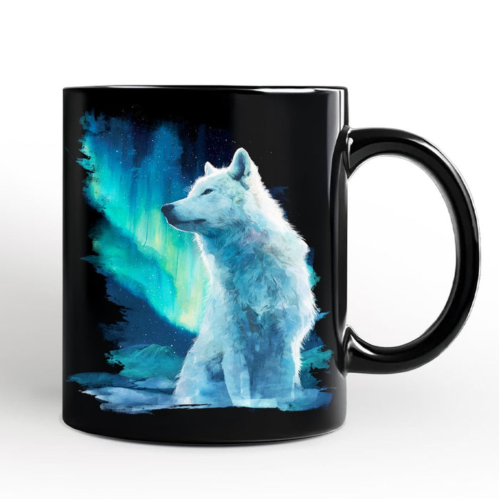 Wild Aurora White Wolf Personalized Mug, Northern Lights Arctic Wolf Gift with Custom Name Personalized Ceramic Mug OrnamentallyYou Black Non-Custom