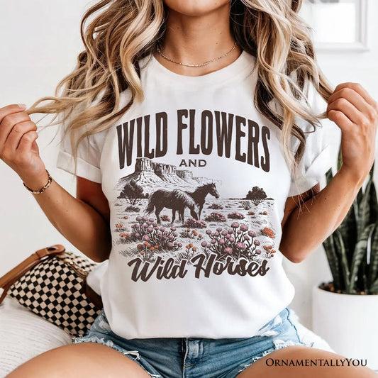 Wild Flowers and Wild Horses T-Shirt, Retro Western White and Natural Tee for Free-Spirited Women T-Shirts OrnamentallyYou