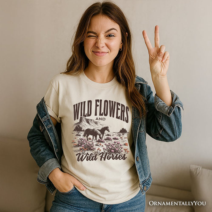 Wild Flowers and Wild Horses T-Shirt, Retro Western White and Natural Tee for Free-Spirited Women T-Shirts OrnamentallyYou