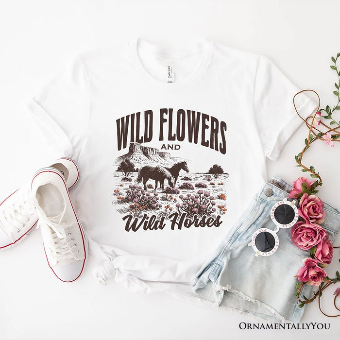 Wild Flowers and Wild Horses T-Shirt, Retro Western White and Natural Tee for Free-Spirited Women T-Shirts OrnamentallyYou White XS