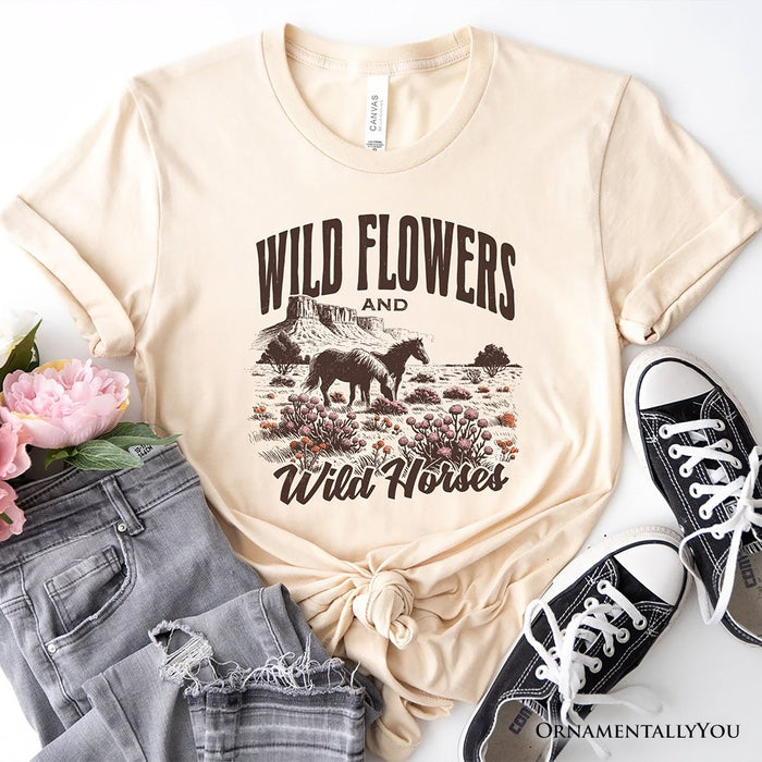 Wild Flowers and Wild Horses T-Shirt, Retro Western White and Natural Tee for Free-Spirited Women T-Shirts OrnamentallyYou Natural XS