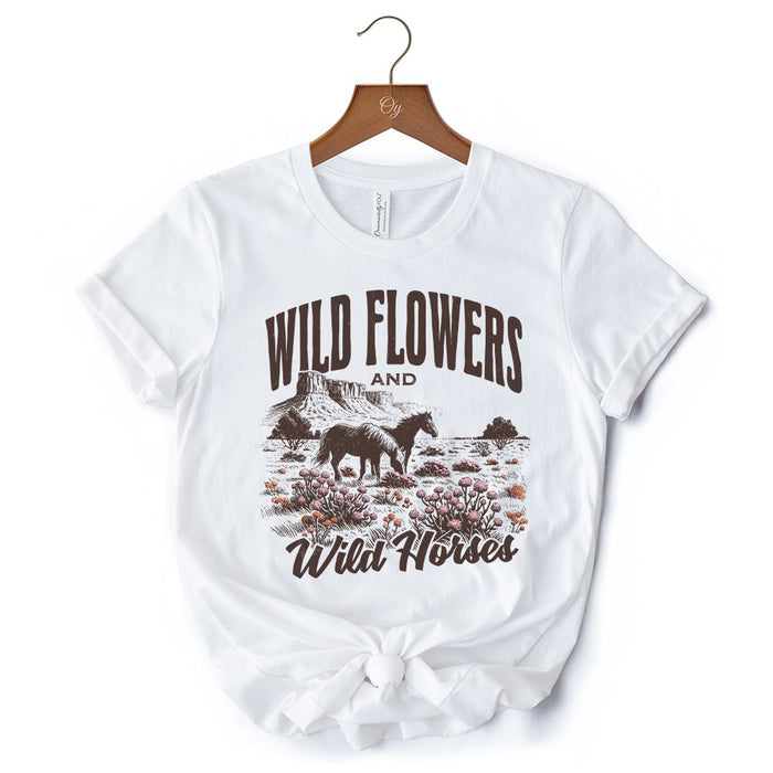 Wild Flowers and Wild Horses T-Shirt, Retro Western White and Natural Tee for Free-Spirited Women T-Shirts OrnamentallyYou