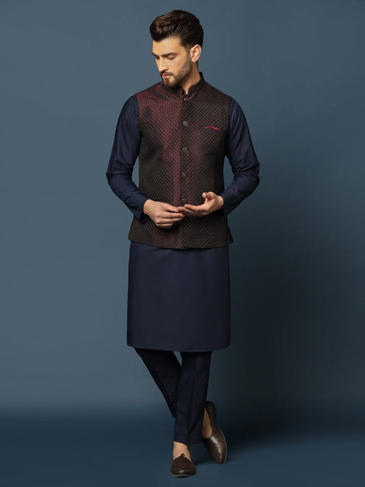 Wine Blue Geometric Jacket Kurta Trouser Set