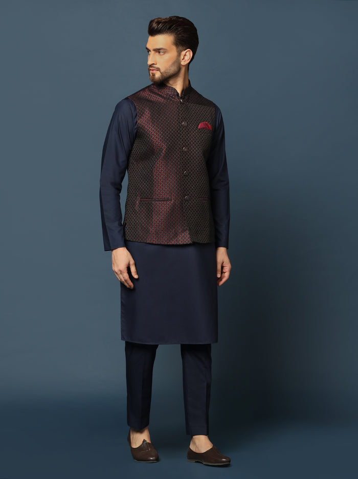 Wine Blue Geometric Jacket Kurta Trouser Set