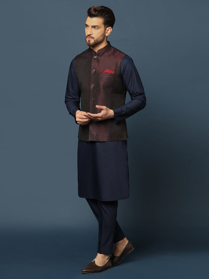 Wine Blue Geometric Jacket Kurta Trouser Set