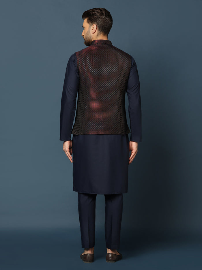 Wine Blue Geometric Jacket Kurta Trouser Set