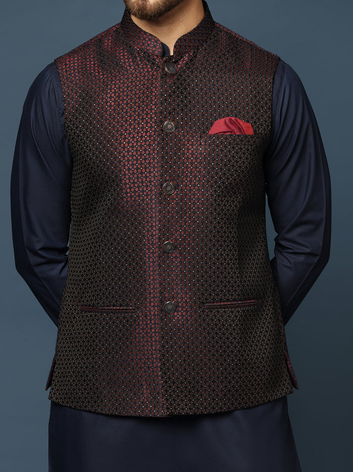 Wine Blue Geometric Jacket Kurta Trouser Set