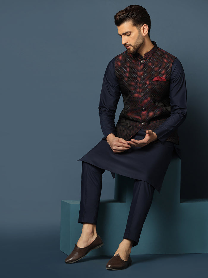 Wine Blue Geometric Jacket Kurta Trouser Set