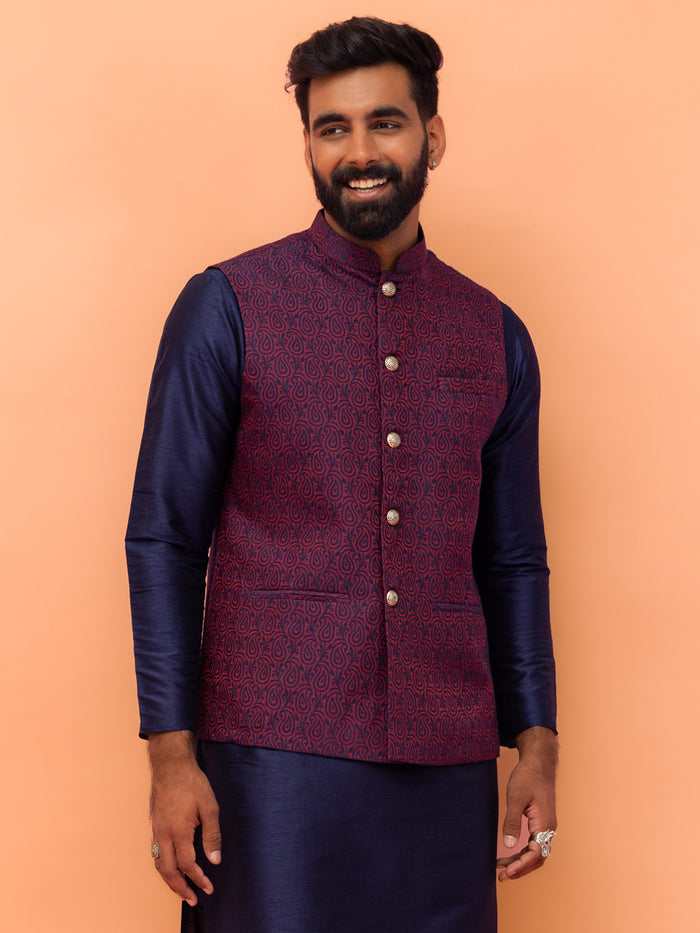 Wine Red Textured Nehru Jacket