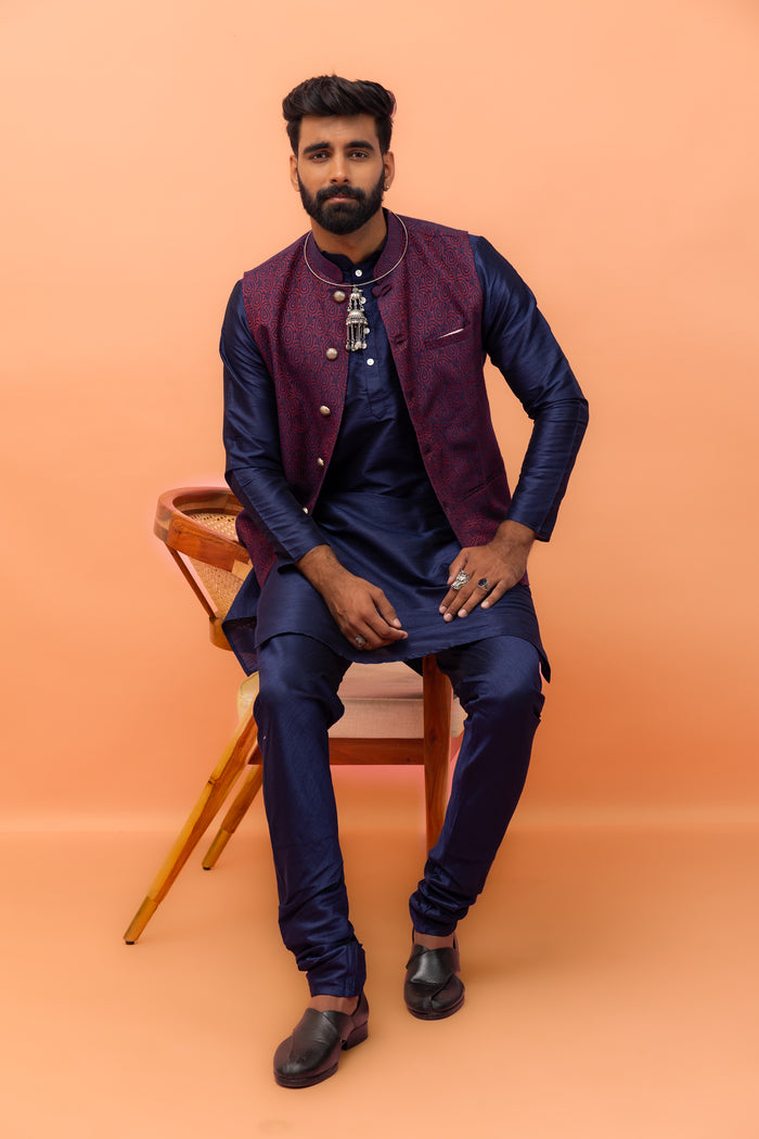 Wine Red Textured Nehru Jacket