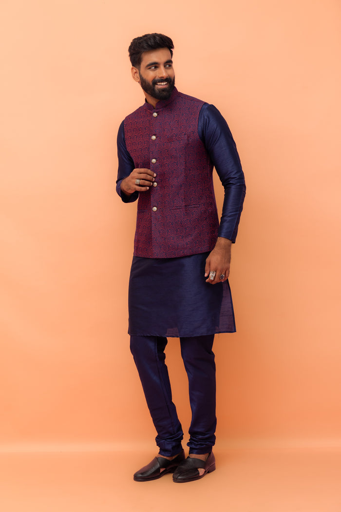 Wine Red Textured Nehru Jacket