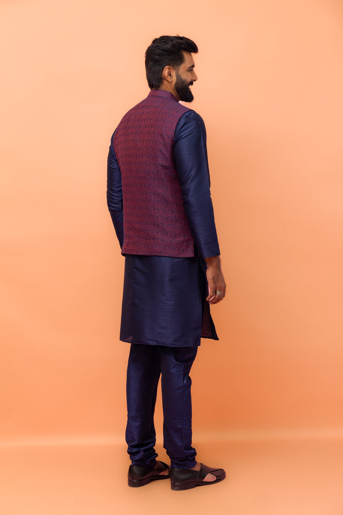 Wine Red Textured Nehru Jacket