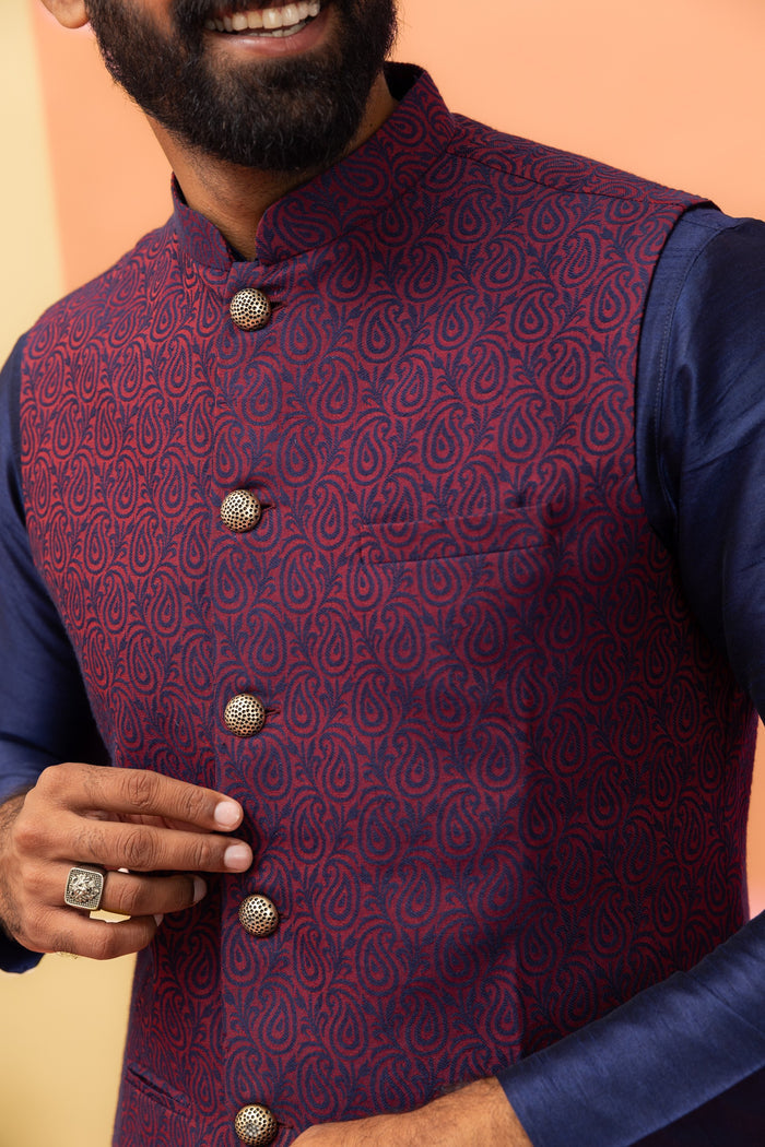 Wine Red Textured Nehru Jacket