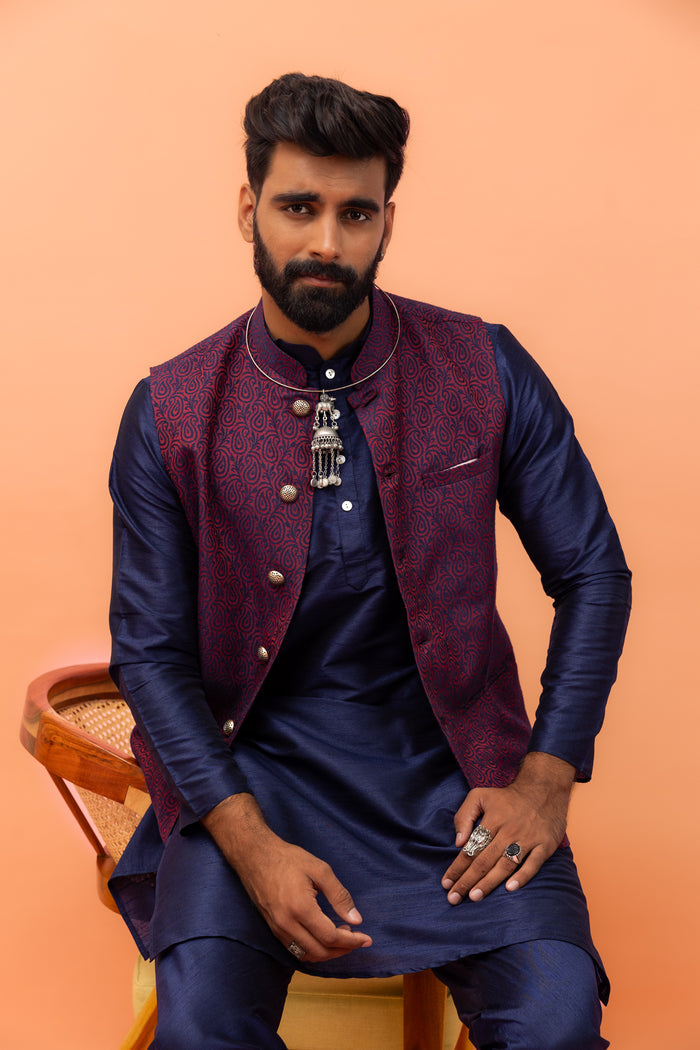 Wine Red Textured Nehru Jacket