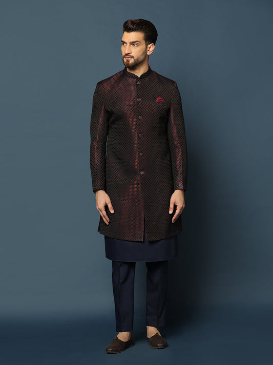 Wine Silk Blend Woven Sherwani Kurta Trouser Set