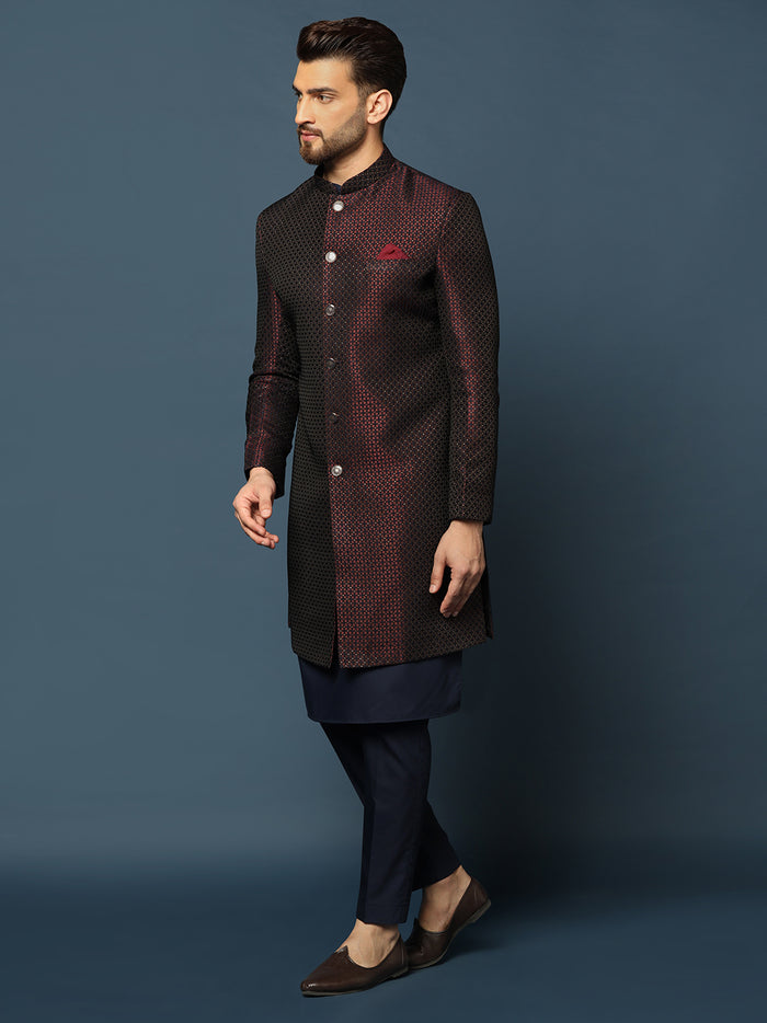 Wine Silk Blend Woven Sherwani Kurta Trouser Set