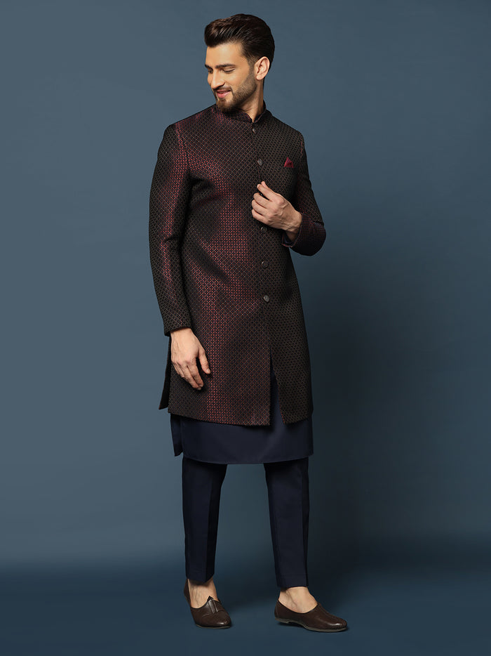 Wine Silk Blend Woven Sherwani Kurta Trouser Set