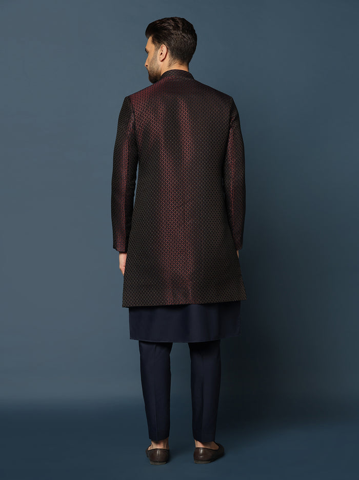 Wine Silk Blend Woven Sherwani Kurta Trouser Set