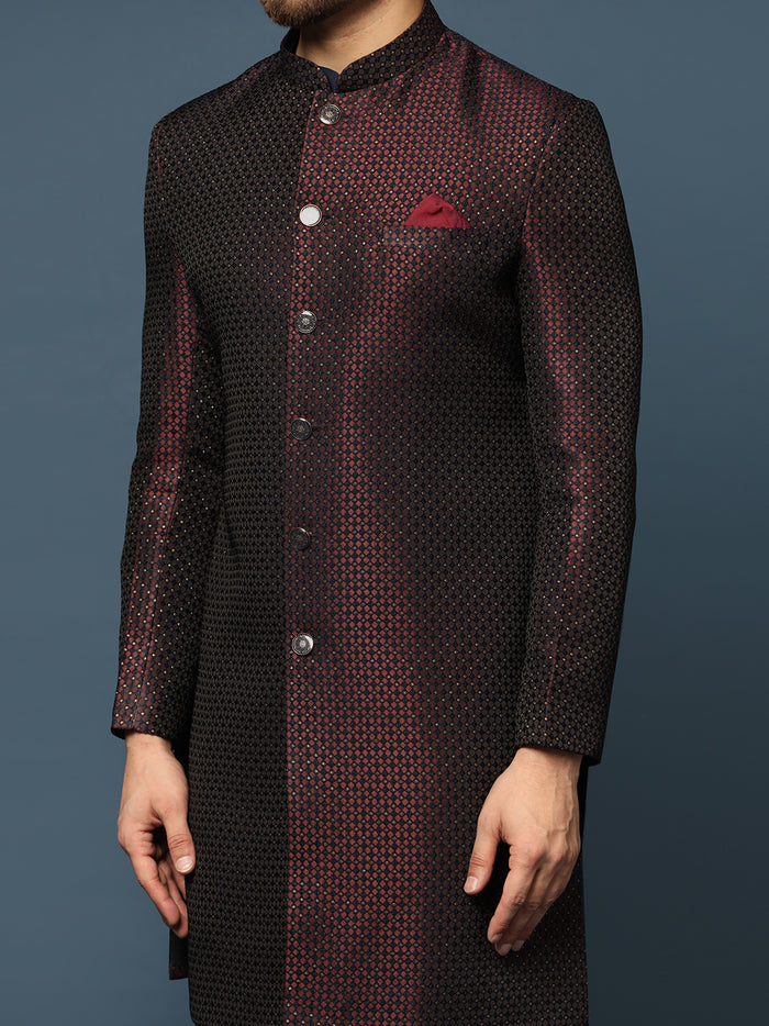 Wine Silk Blend Woven Sherwani Kurta Trouser Set
