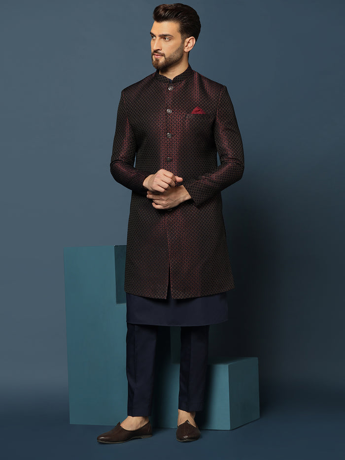 Wine Silk Blend Woven Sherwani Kurta Trouser Set