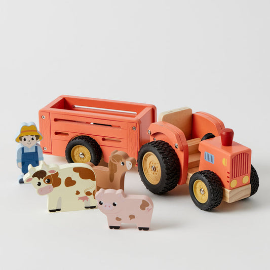 Wooden Farm Tractor and Trailer Set