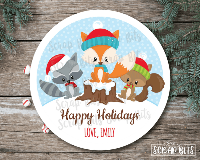 Woodland Christmas Gift Stickers, Squirrel, Fox, Racoon, Personalized Christmas Gift Labels - Scrap Bits