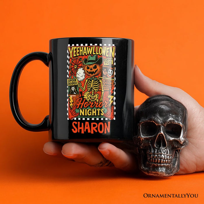 Yee Haw Halloween Retro Pumpkin Skeleton Personalized Mug, Spooky Country Western Gift with Custom Name Personalized Ceramic Mug OrnamentallyYou