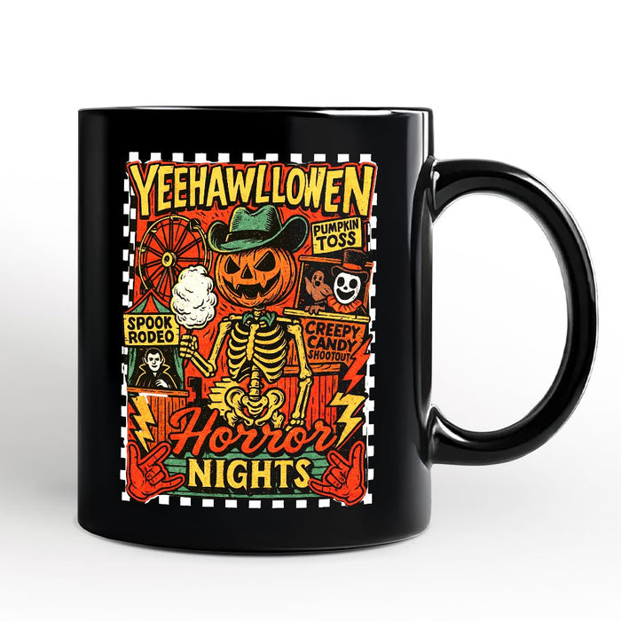 Yee Haw Halloween Retro Pumpkin Skeleton Personalized Mug, Spooky Country Western Gift with Custom Name Personalized Ceramic Mug OrnamentallyYou Black Non-Custom
