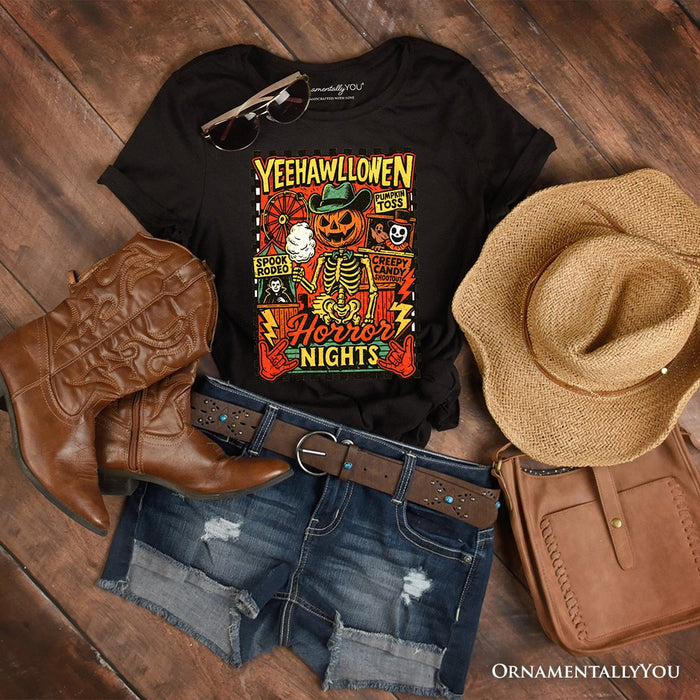 Yee Haw Halloween Retro Pumpkin Skeleton T-Shirt, Spooky Country Western Tee for Fall T-Shirts OrnamentallyYou Black XS