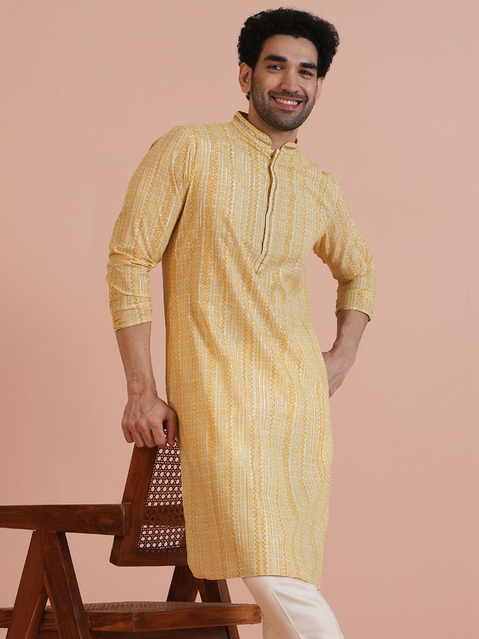 Yellow Cotton Silk Printed Long Kurta