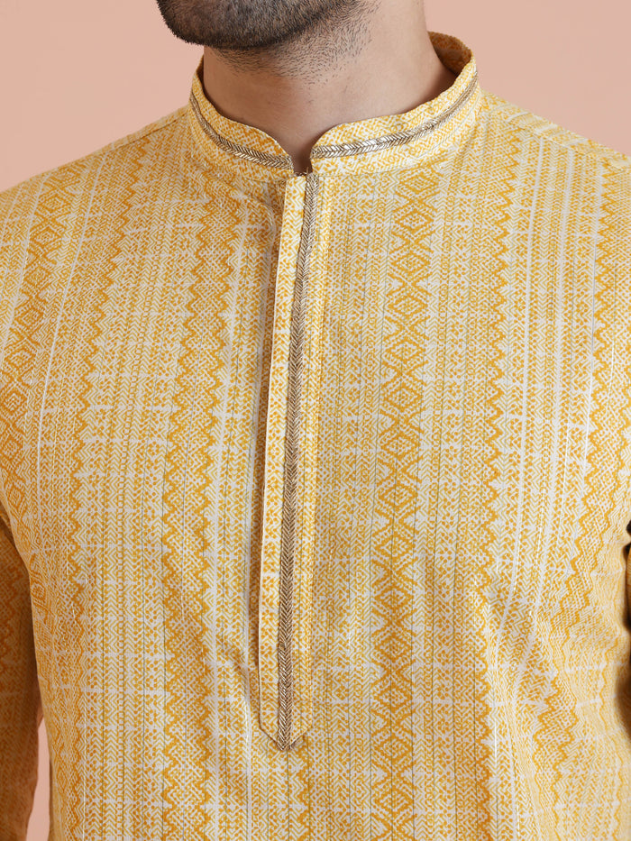 Yellow Cotton Silk Printed Long Kurta