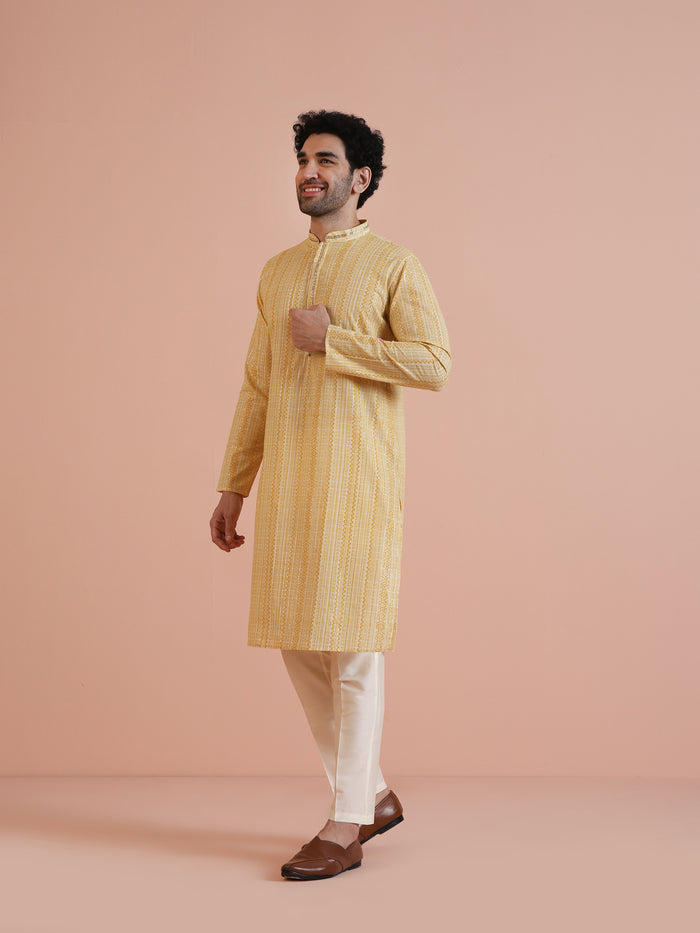 Yellow Cotton Silk Printed Long Kurta
