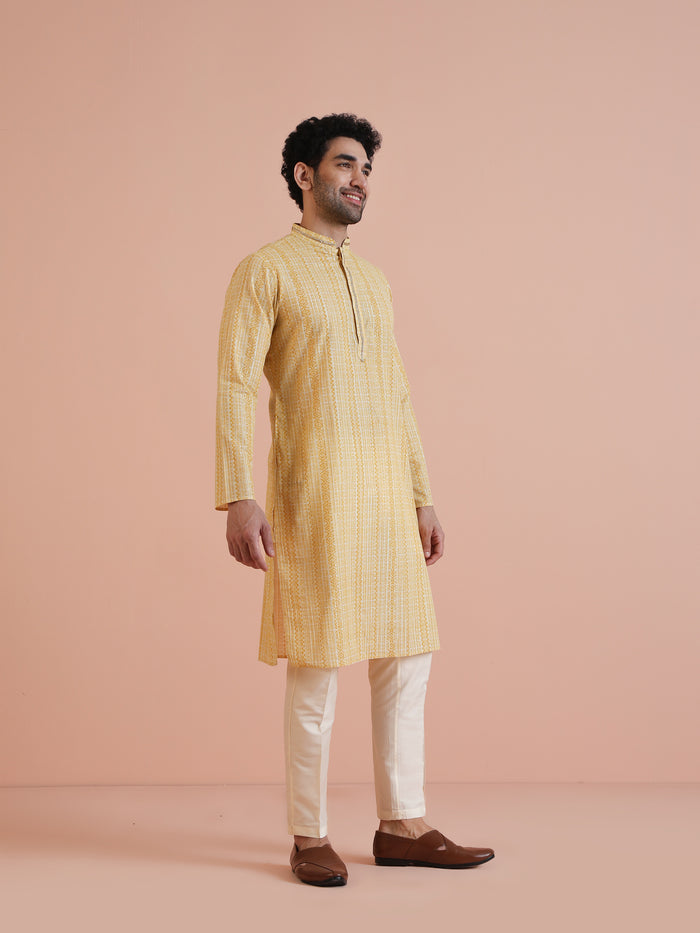 Yellow Cotton Silk Printed Long Kurta