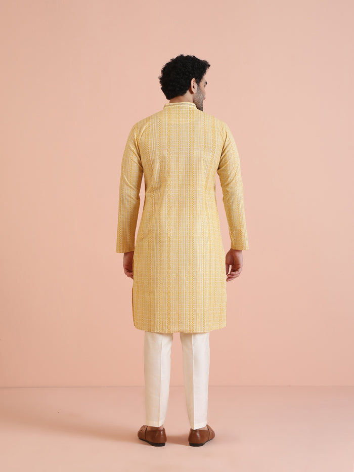 Yellow Cotton Silk Printed Long Kurta