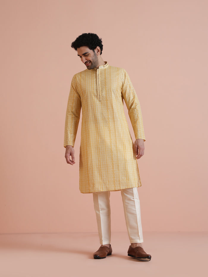 Yellow Cotton Silk Printed Long Kurta