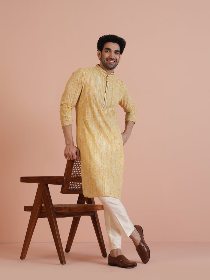 Yellow Cotton Silk Printed Long Kurta