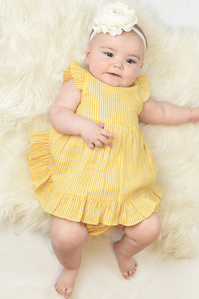 Yellow Pin-Stripe Flutter-Sleeve Dress With Belt-Tie & Diaper Cover Set Sun Dress Yo Baby Wholesale