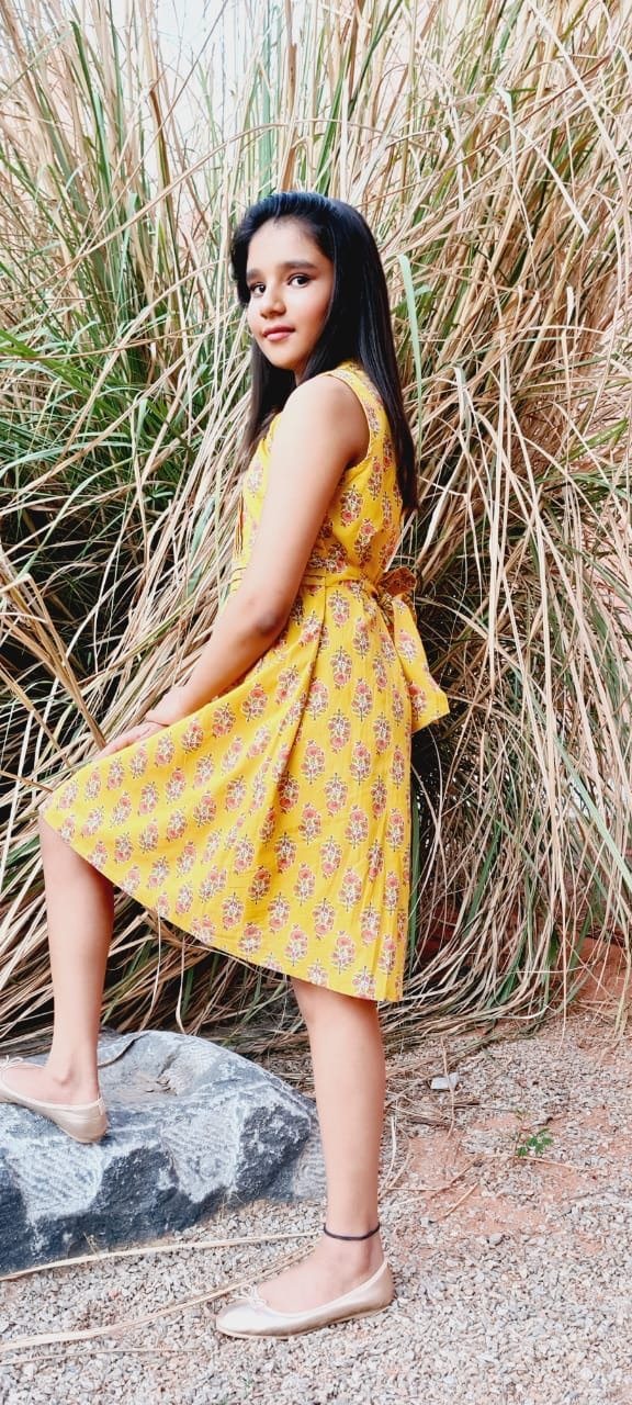 Yellow Printed Dress With Belt & Pleat Details Dress Yo Baby Wholesale