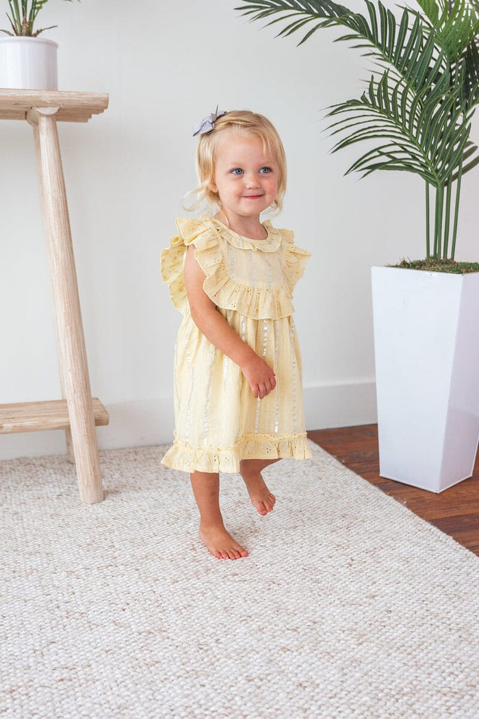 Yellow Solid Color Lurex Neck Ruffle Dress and Bloomers Yo Baby India