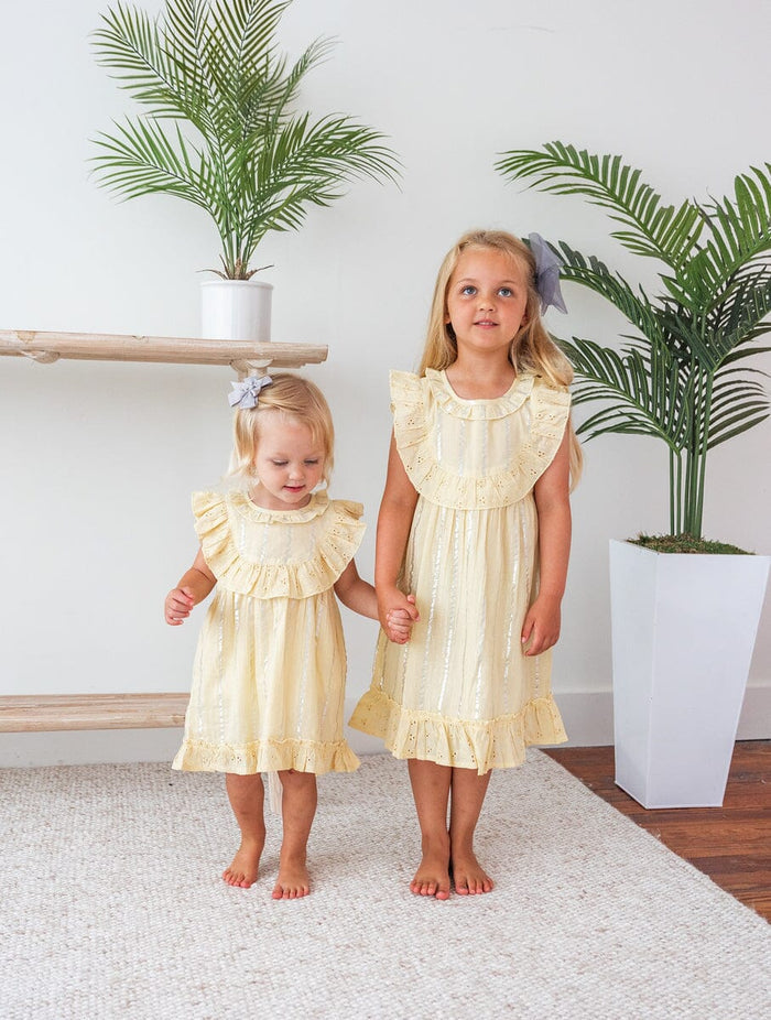 Yellow Solid Color Lurex Neck Ruffle Dress and Bloomers Yo Baby India