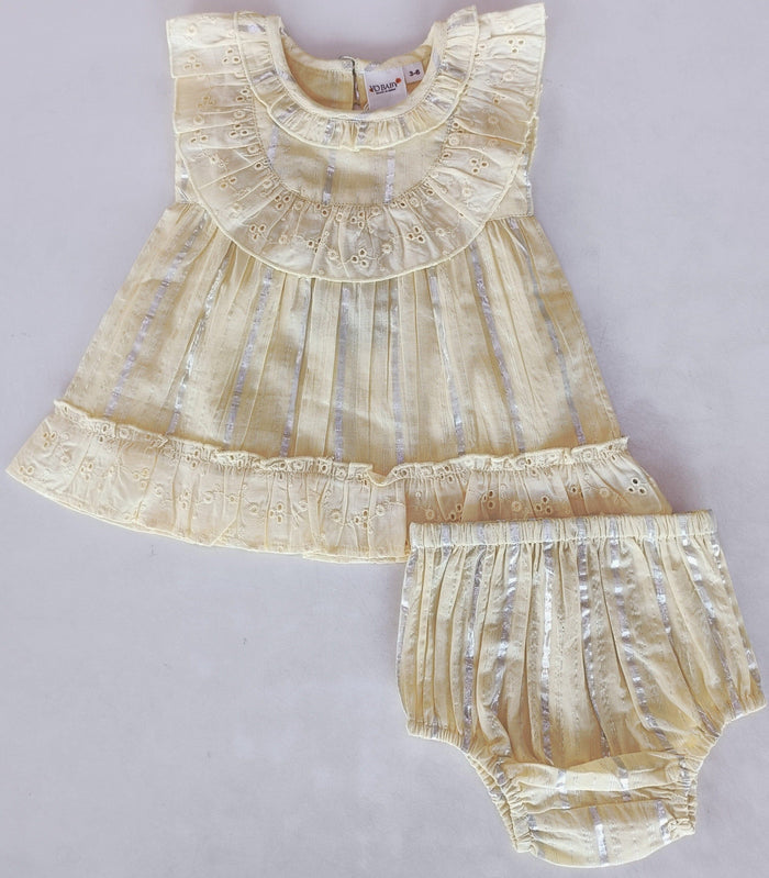 Yellow Solid Color Lurex Neck Ruffle Dress and Bloomers Yo Baby India