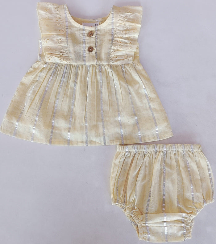 Yellow Solid Color Lurex Ruffle Dress and Bloomers dress & diaper cover Yo Baby India