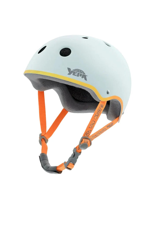 Light blue helmet with orange straps on a white background